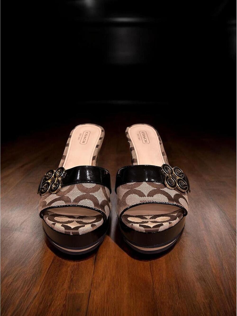 Coach Geri Canvas 4" Wedge Mule Sandals Size 7 - Picture 3 of 10